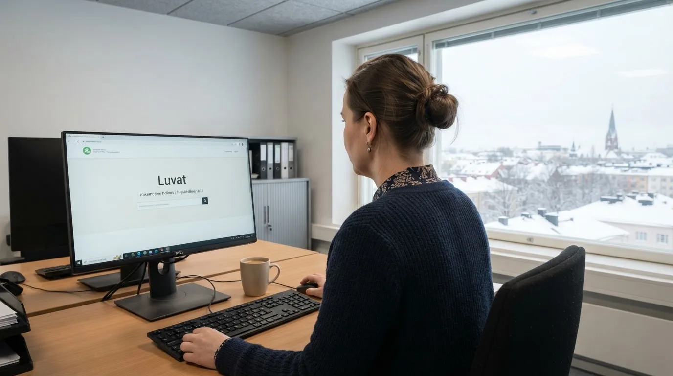 Virkailija istuu vaaleassa virastohuoneessa tietokoneen ääressä, ikkunasta näkyy talvinen kaupunkimaisema.