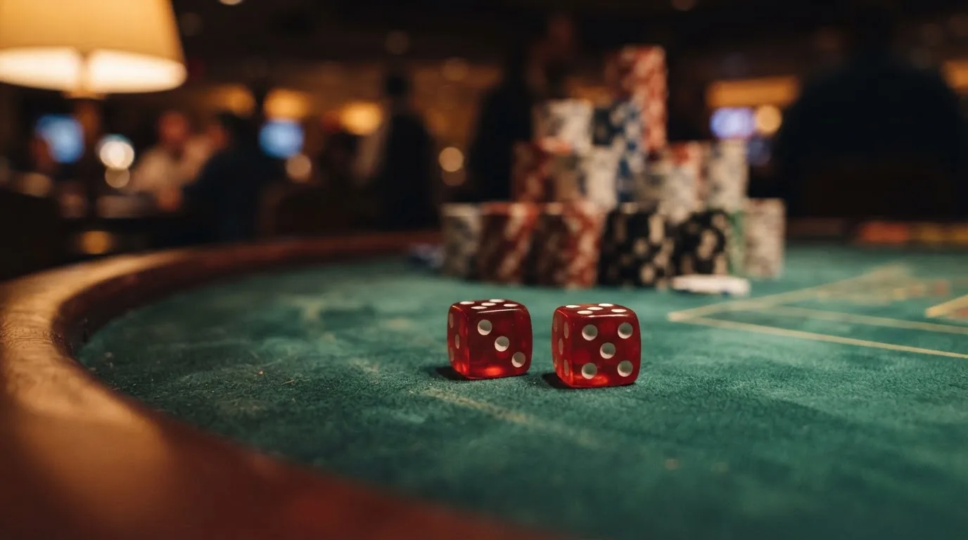 Punaiset nopat lepäävät vihreällä huovalla, taustalla sumeita pelimerkkitorneja iltahämärässä — kolikkopelit casino pelit
