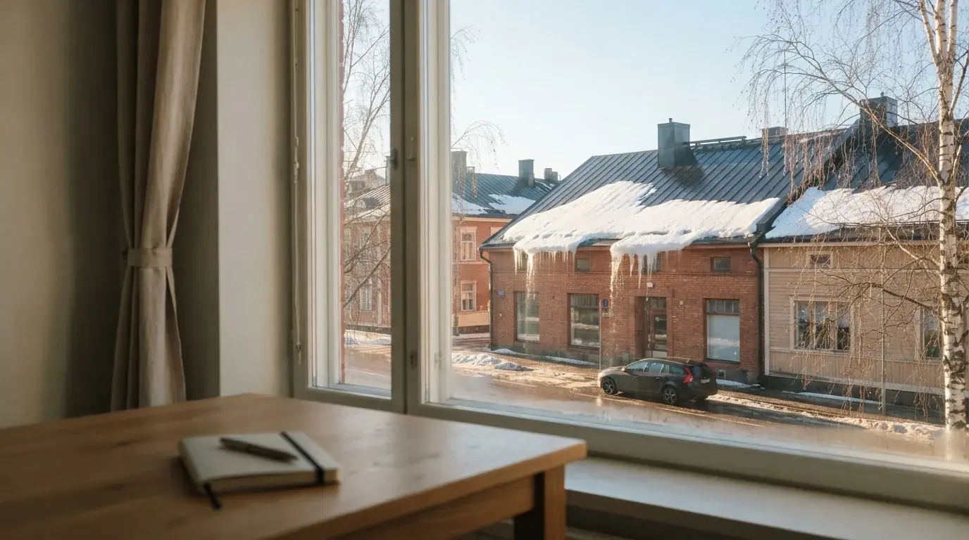 Toimistohuoneen ikkunasta näkyy maaliskuun aamu, lumi sulaa katolla auringonpaisteessa hiljaisella aamulla.