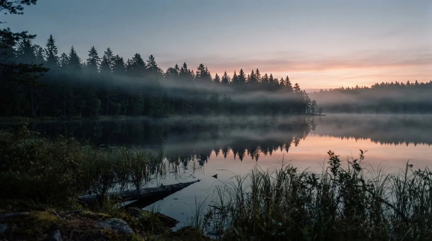 Sumuinen metsälampi aamunkoitossa, usva nousee hitaasti veden pinnalta — paras mobiili kasino sovellukset