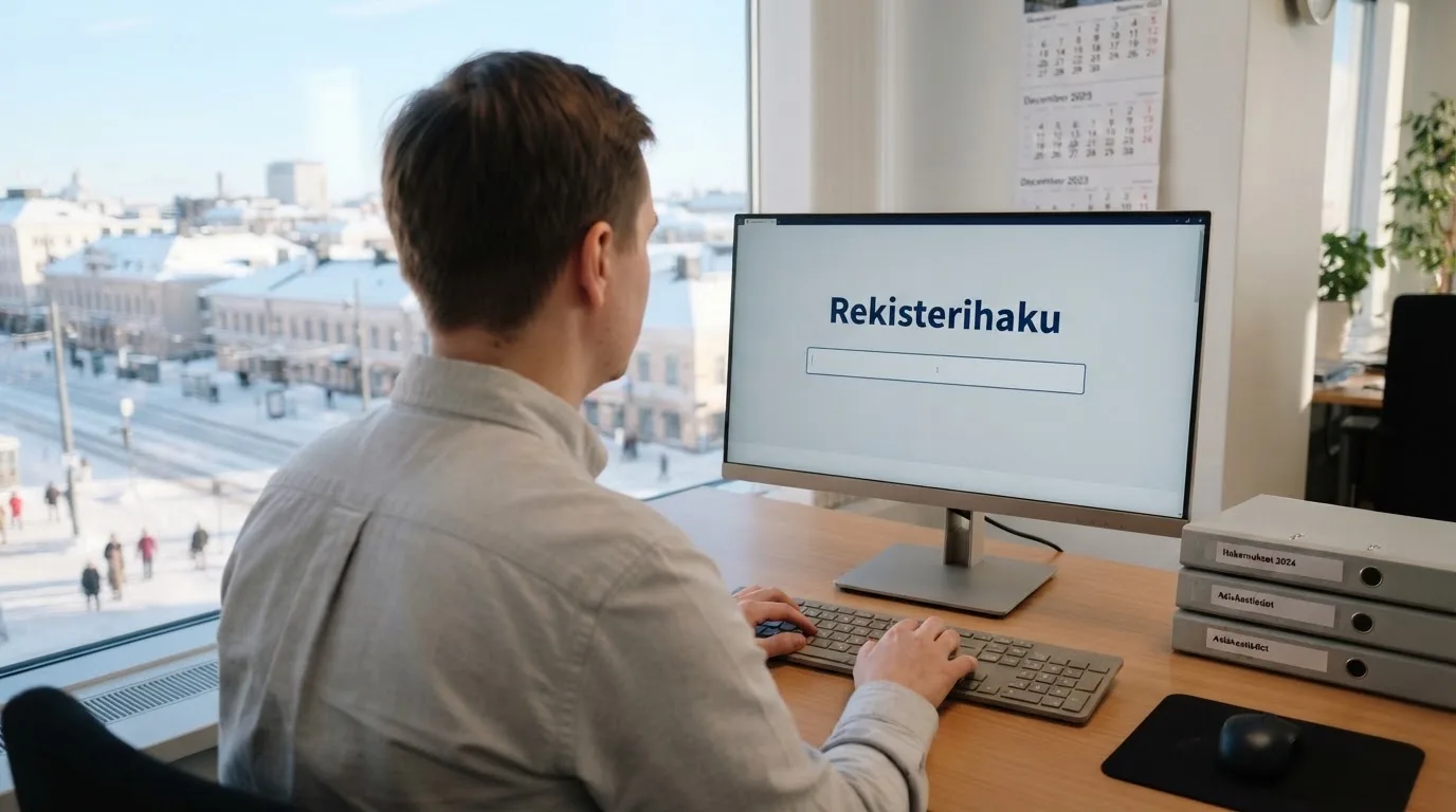 Virkailija istuu vaaleassa virastohuoneessa tietokoneen ääressä, ikkunasta näkyy talvinen kaupunkimaisema.