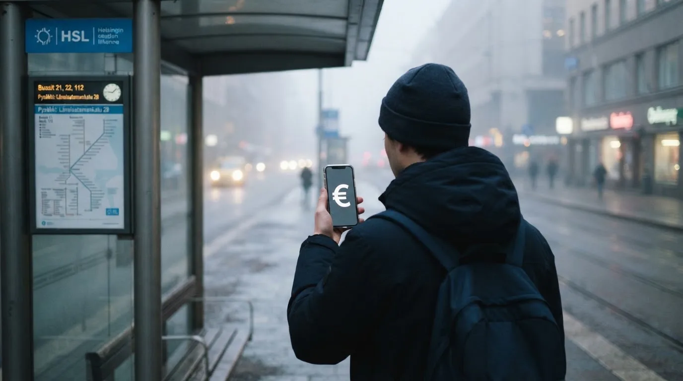 Nuori mies selaa älypuhelinta bussipysäkillä odottaessaan iltapäivällä, taustalla sumuinen katunäkymä.