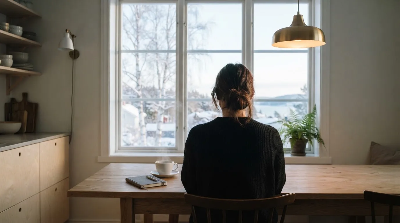Henkilö istuu keittiön pöydän ääressä teekupin kanssa katsellen ulos ikkunasta aamulla.